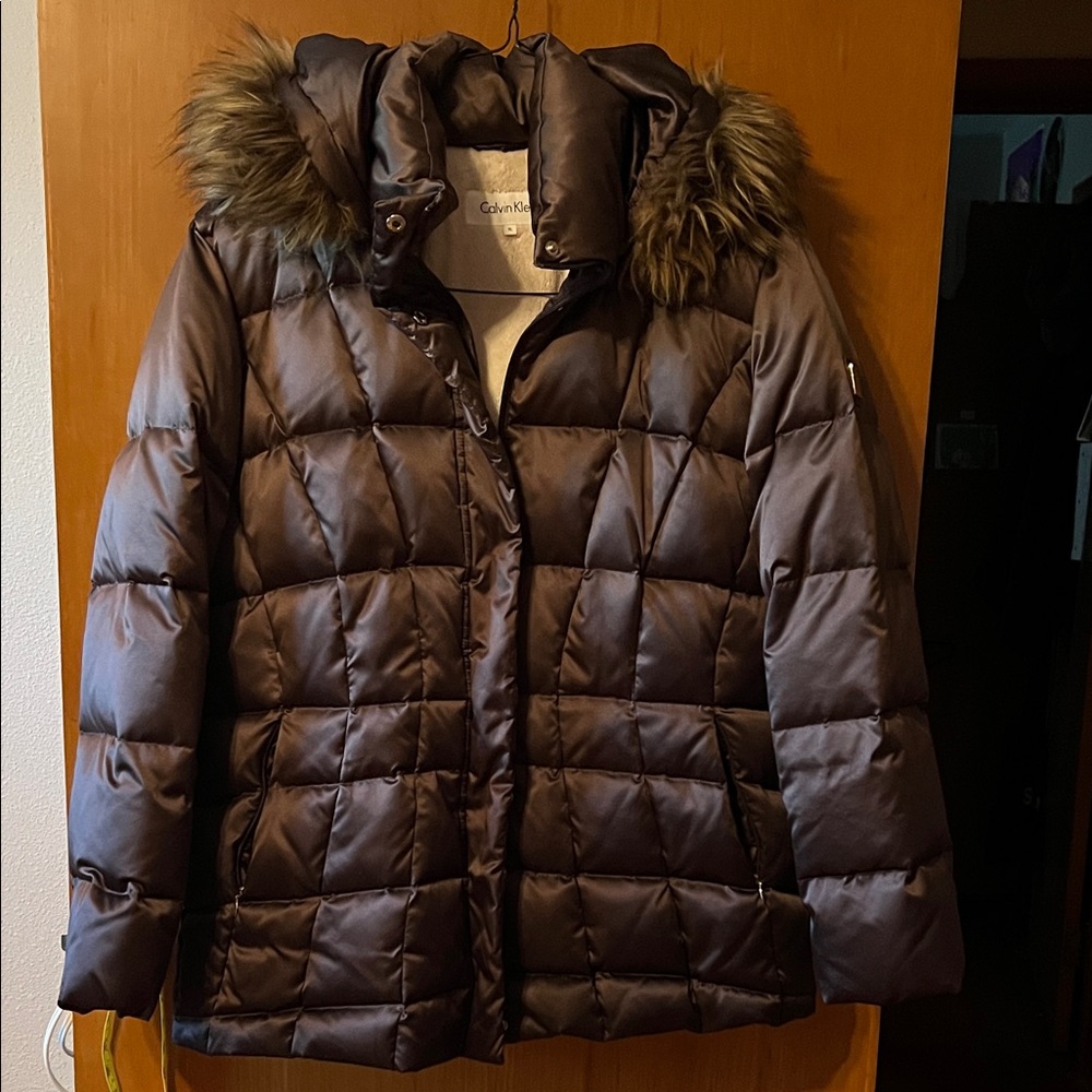 Calvin Klein Dark Brown Quilted Jacket with Faux Fur Hood